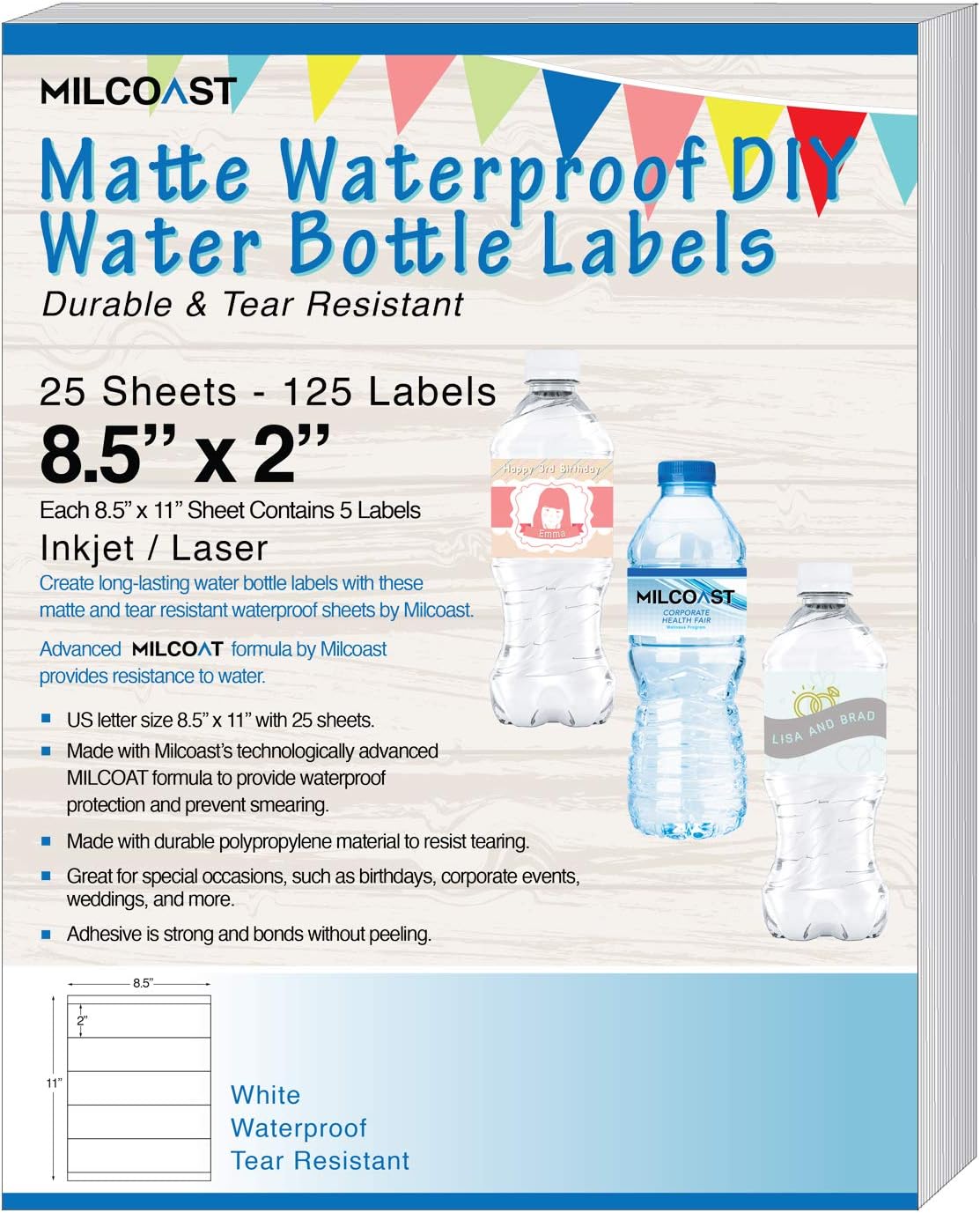 Milcoast Matte Waterproof Tear Resistant DIY Water Bottle Labels 8.5" x 2" for Inkjet/Laser Printers - 25 Sheets