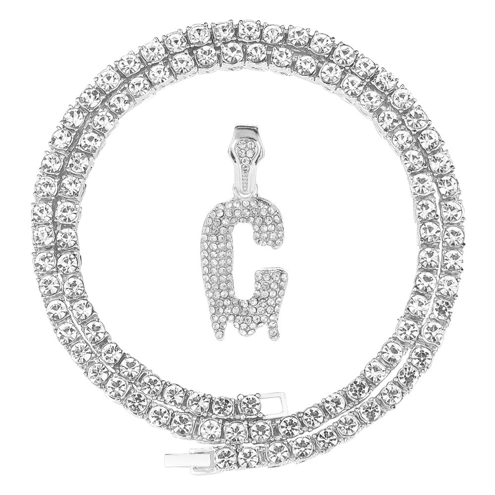 FW Jewelry Collares con inicial de plata dorada para hombres/mujeres, colgante de letra que gotea A-Z, cadenas con iniciales para hombre (C-plata y tenis)