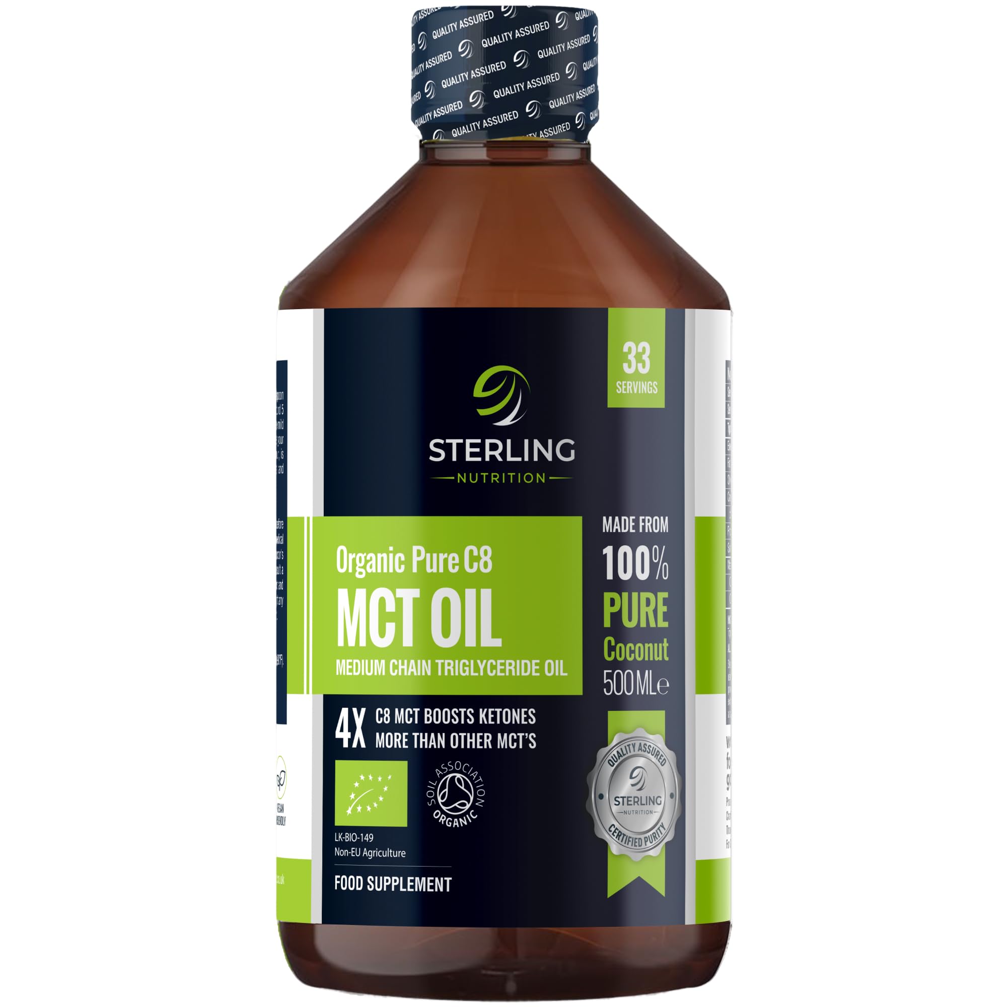 MCT Oil Organic Pure C8 Caprylic Acid, 500ml | from 100% Coconut Oil | Suitable for Keto & Fasting | Vegan, Gluten-Free & Lab Tested | STERLING NUTRITION
