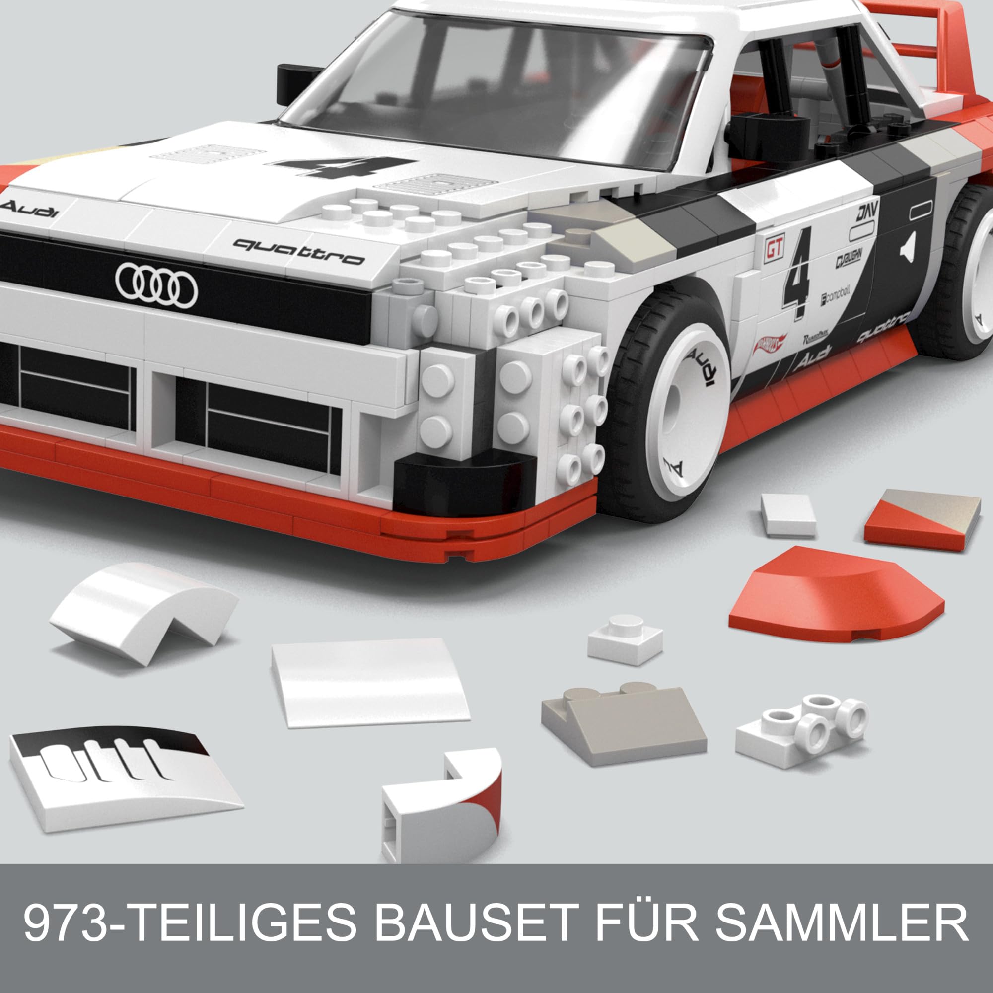 MEGA Hot Wheels zusammenbaubares Autospielzeug zum Sammeln, Audi 90 Quattro IMSA GTO mit 973 Teilen und Die-Cast-Modell, Set für Sammler zum Zusammenbauen und Präsentieren, rot, HRY20 3