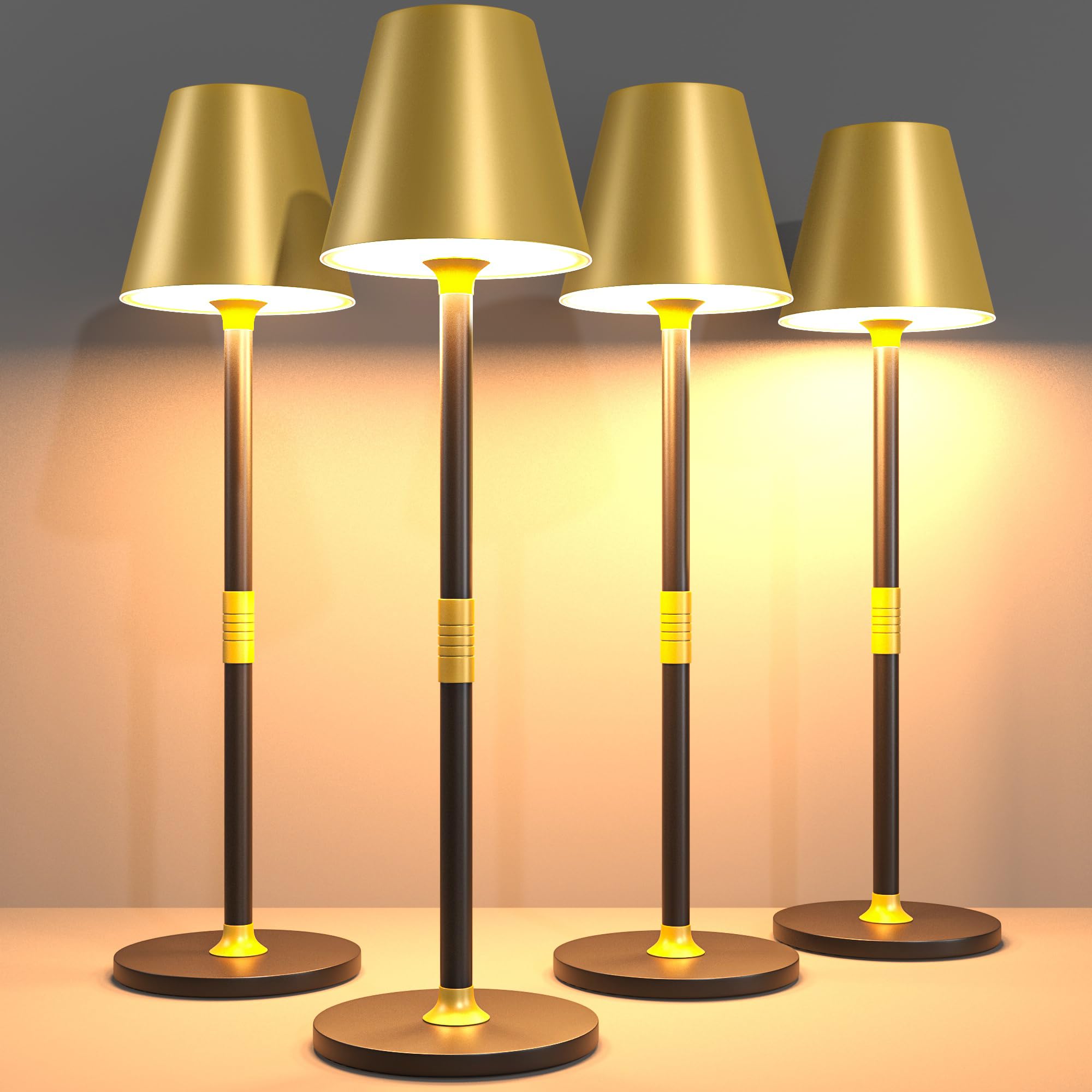 Photo 1 of Timjorman LED CordlessTable Lamp,4000mAh Rechargeable Battery Desk lamp,3 Level Brightness Beside Night Light, Minimalist Design, for Couple Dinner/Coffee Table/Restaurant/Bedroom(Gold&Black 4PACK)