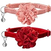 azuza 2 Pack Breakaway Cat Collars with Bell, Velvet Floral Red Cat Collar | Quick Release Safety Buckle, Removable Bell and Floral Bowtie, Soft Velvet Fabric, Adjustable Fit for Boy Gir Cats