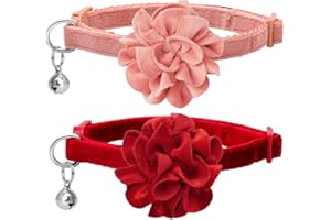 azuza 2 Pack Cat Collar Floral with Bell and Removable Flower Bowtie Breakaway Adjustable Velvet Fabric Cat Collar for Pets and Daily Decoration，Wine Red & Rose Pink
