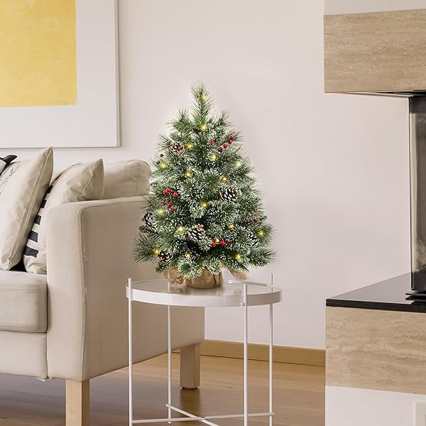 24″ MINI CHRISTMAS TREES WITH FLOCKED PINE NEEDLES, PINE CONES, BERRIES DECORATION, 2 FT DECORATED BURLAP TREES WITH 25 LED LIGHTS, KITCHEN TABLETOP ARTIFICIAL PRE LIT CHRISTMAS TREE