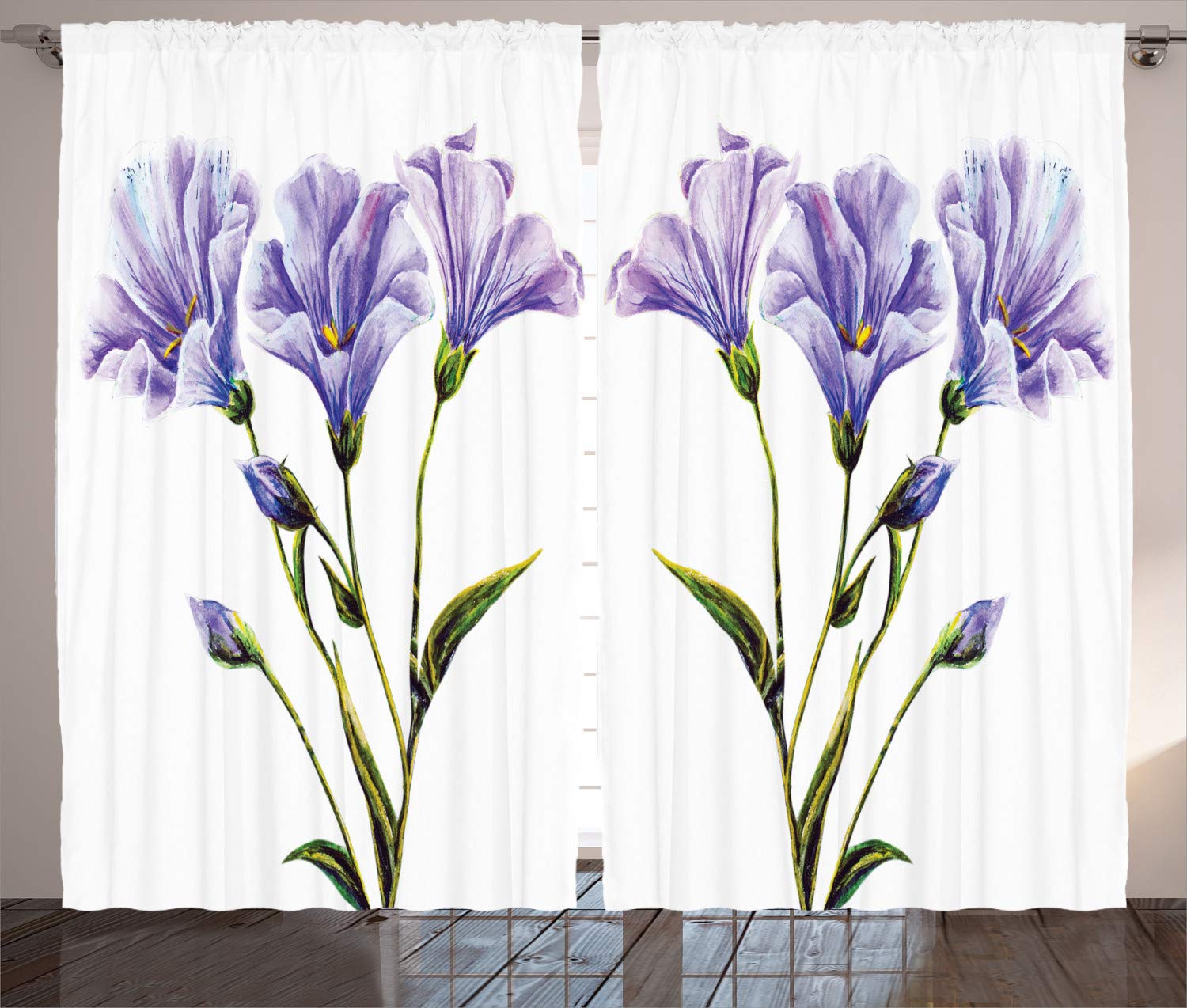 ABAKUHAUS Watercolor Flower Curtains, Wild Flowers Drawing of Romantic Summer Theme Mother Earth Art, Living Room Bedroom Window Drapes 2 Panel Set, 69 L X 110 W, White Violet Green