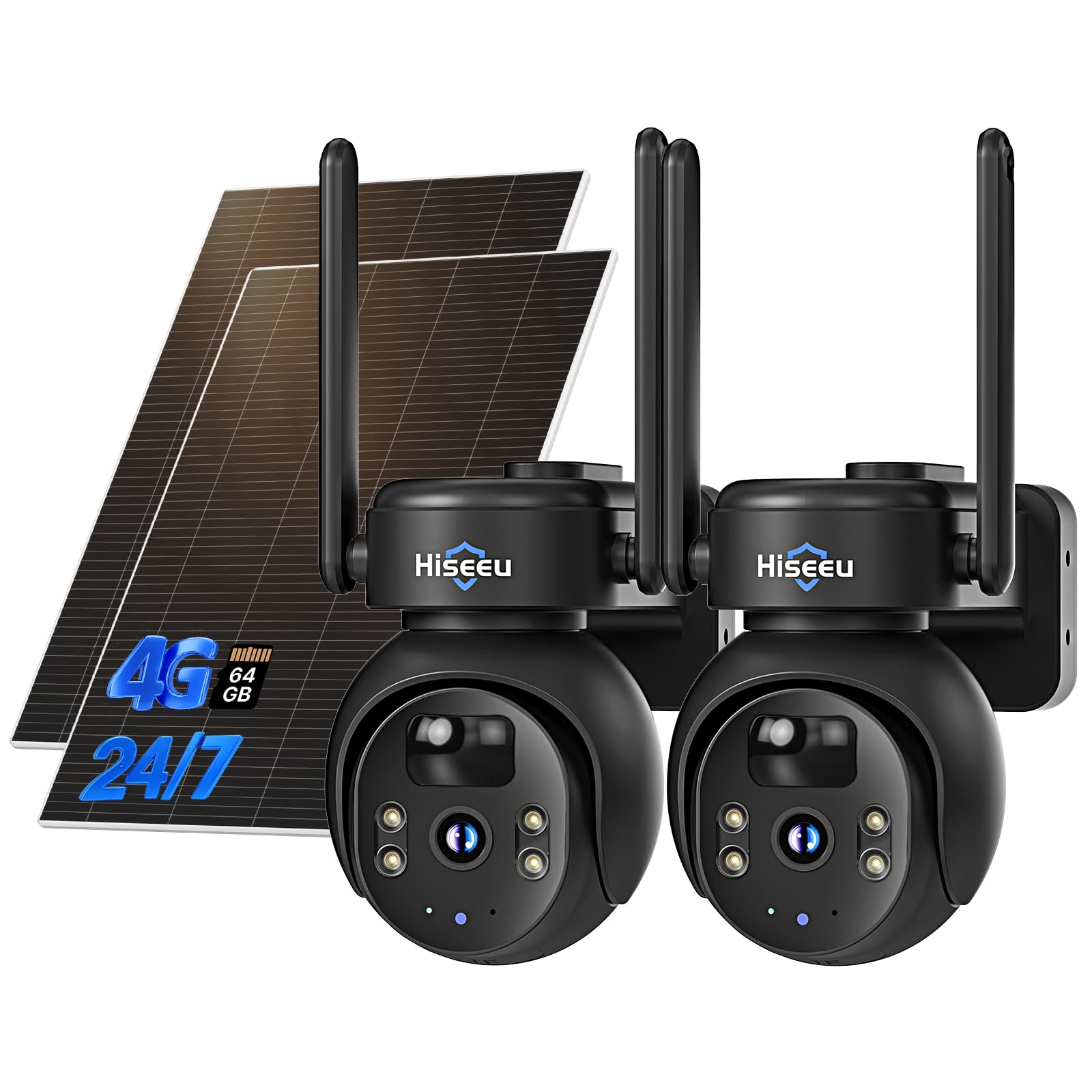 Hiseeu 4G LTE Cellular Security Camera Solar Powered, No WiFi Security Camera Wireless Outdoor, 24/7, PIR Motion, 2 Way Talk, 360° PTZ, 2K Color Night Vision, 64G SD & SIM Card Included