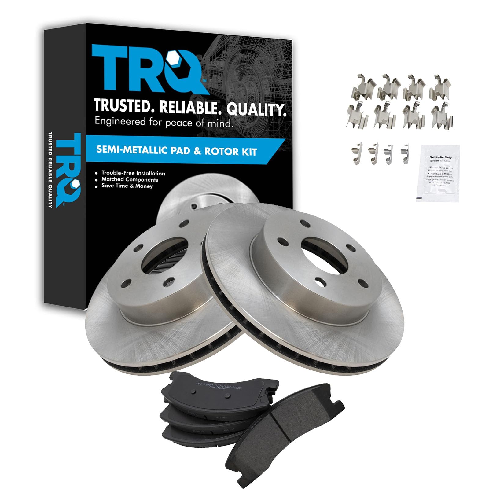 TRQ Front Brake Pad and Rotor Set Semi Metallic Vented Rotors Compatible with 1999-2004 Jeep Grand Cherokee Image