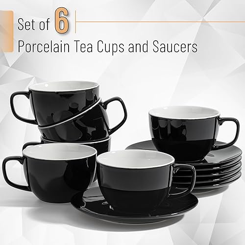 BTaT- Cappuccino Cups with Saucers 6 oz, Set of 6, Black Porcelain Coffee  Cup and Saucer