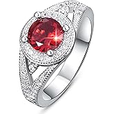Psiroy 925 Sterling Silver Plated Fashion Simulated Garnet Halo Wedding Band CZ Promise Engagement Ring for Women