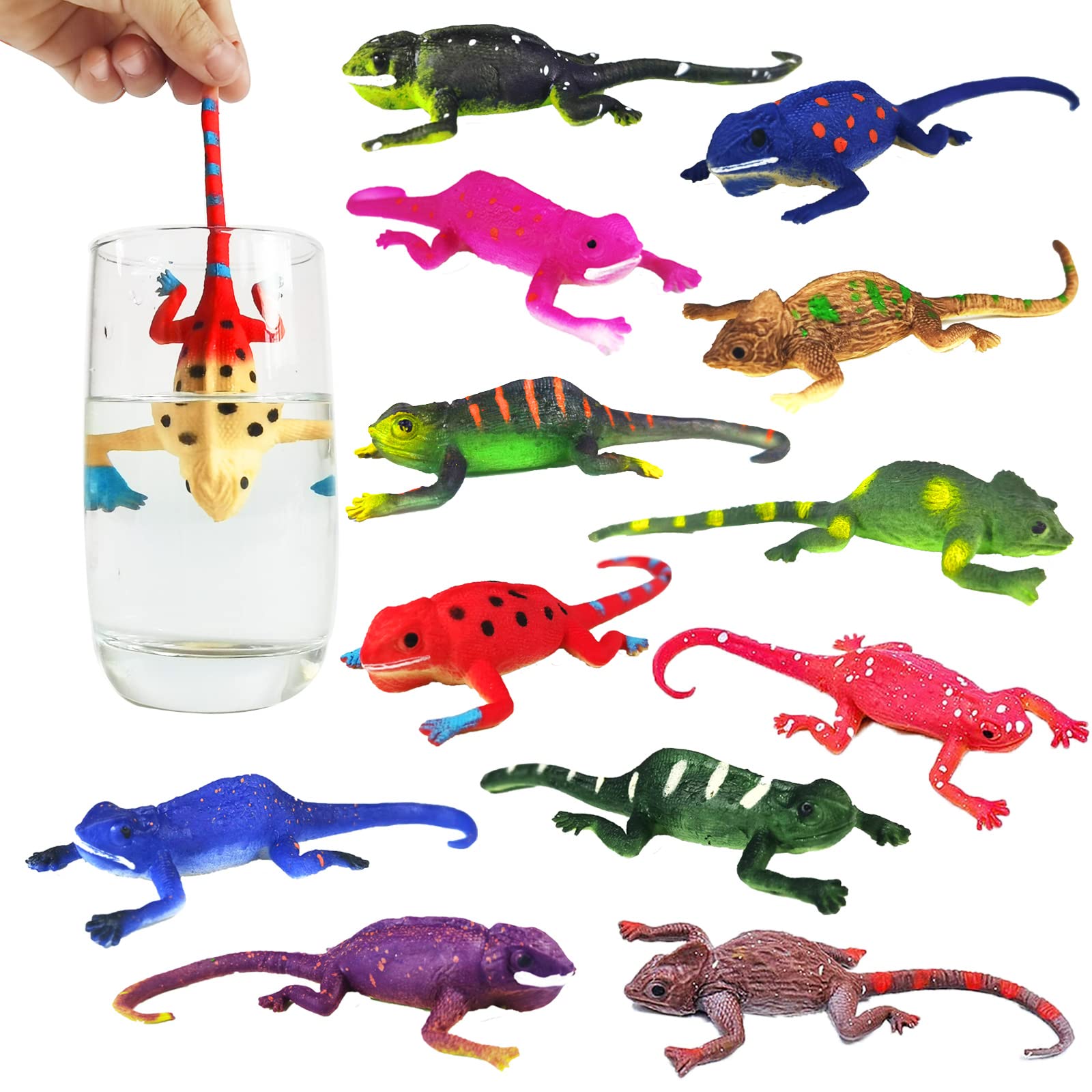 goosow 12 PCS Colour Changing Lizard Animal Toys,Change Colour Chameleon Toys Set,Floating and StretchyToys for Kids,Themed Party Supplies,Classroom Rewards,Goodie Bags Fillers,Carnival Prizes