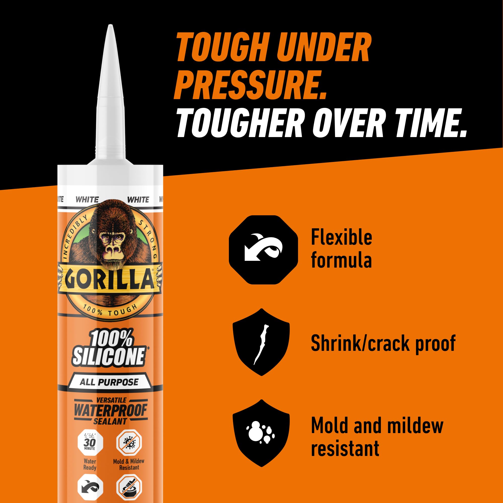 Gorilla Waterproof Caulk & Seal Silicone Sealant, 10oz Cartridge (Pack of 1) - White Caulking Sealant for Kitchen, Window, Bath, Marine, Door and More