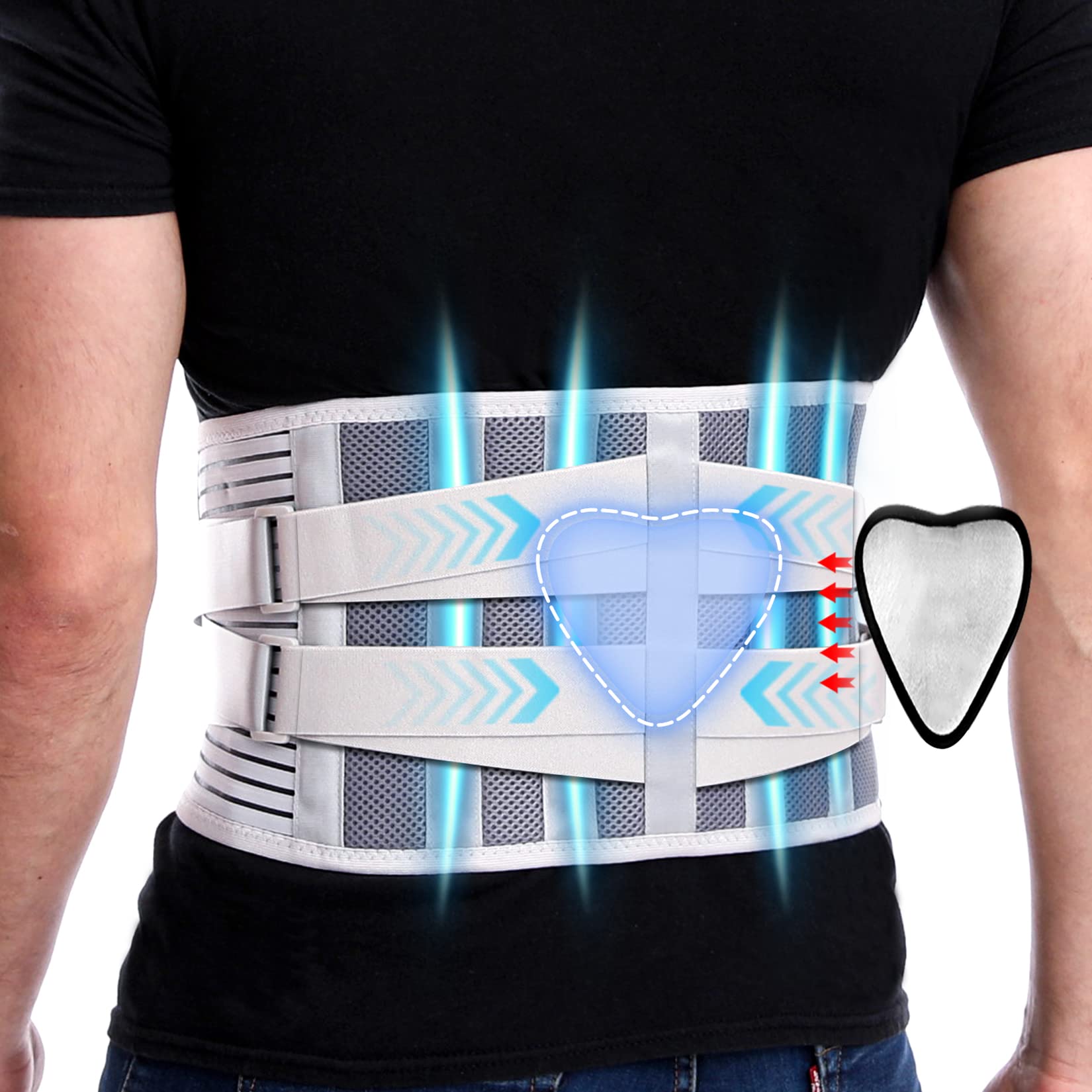 Paskyee Back Support Belt Add Lumbar Pad for Men & Women, Back Brace with 4 Stays and Lower Back Pain Relief Removable, Breathable Anti-skid lumbar support belt for Herniated Disc