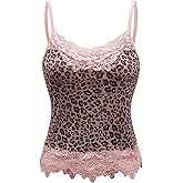 OYOANGLE Women's Leopard Print Lace Mesh Cami Top Y2K Spaghetti Strap Tank Top Slim Fitted Cute Aesthetic Top