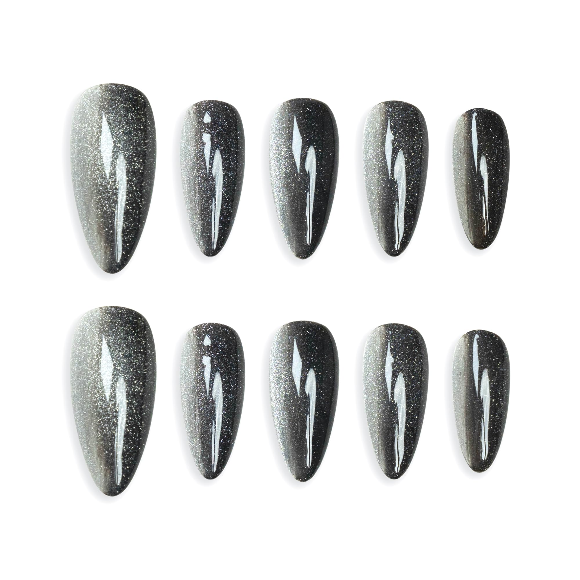 Sun&Beam Nails Handmade Press-on Medium Long Almond Black Silver Cat Eye Design Charming False Nail Tips 10 Pcs (#125 M)
