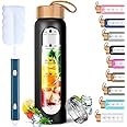 Aqulea Glass Water Bottles 32 Oz with Silicone Sleeve - BPA Free Reusable Wide Mouth Glass Motivational Water Bottles with Fruit Infuser – Leak Proof Borosilicate Water Bottle with Time Marker (Black)