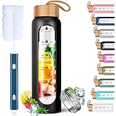 Aqulea Glass Water Bottles 25 Oz with Silicone Sleeve - BPA Free Reusable Wide Mouth Glass Motivational Water Bottles with Fruit Infuser – Leak Proof Borosilicate Water Bottle with Time Marker (Black)