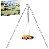 HaSteeL Stainless Steel Campfire Tripod Grill for Camping Cooking Barbecue | 17&rdquo; Folding Grate for 2-4 People, Adjustable Height, Openfire Stand Hanger for Outdoors Beach Firepit BBQ, Easy to Assemble