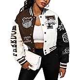 Flygo Women's Cropped Varsity Jacket Baseball Jacket Colorblock Letter Print Y2k Button Down Bomber Uniform