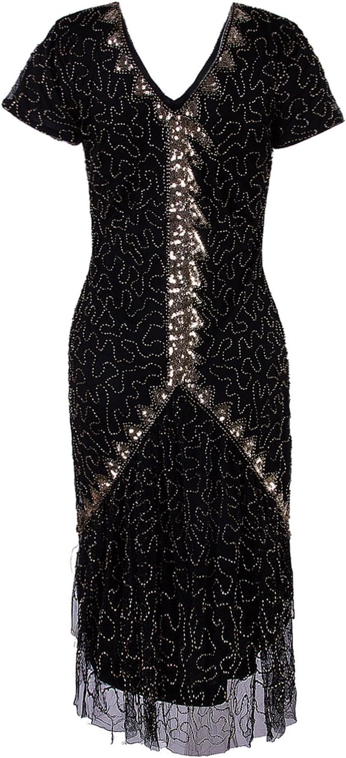 Vintage 1920s Gatsby Sequin Beaded Lace Cocktail Party Flapper Dress with Sleeves