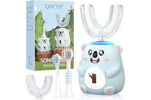 QDCYP Kids U Shaped Electric Toothbrush, Automatic 360° Sonic Cleaning, 6 Modes, 4 Brush Heads, Cute Cartoon Koala Design (2-6 Age (Grey Blue))