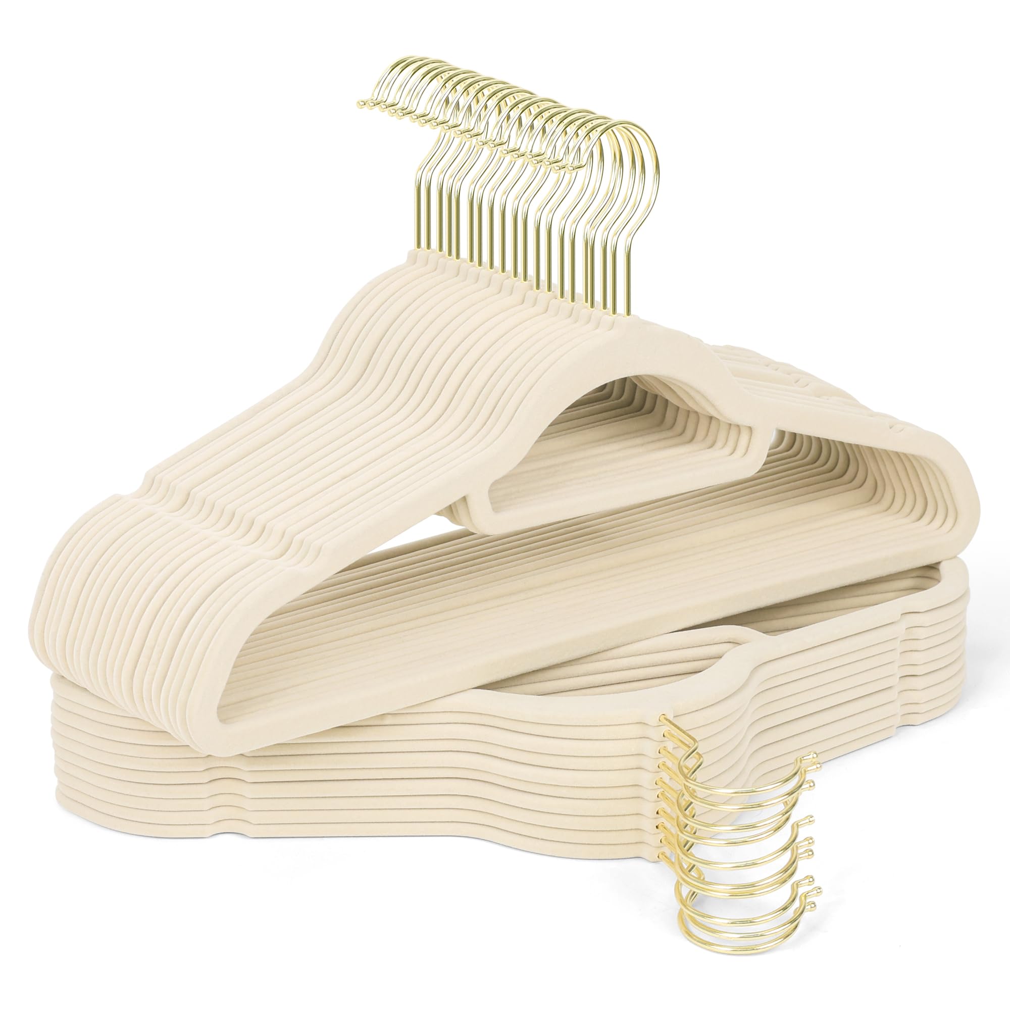Photo 1 of Sishynio Premium Velvet Hangers 30 Pack with Gold Hooks, Non-Slip, Space Saving Felt Clothes Hangers, Sturdy Slim Flocked Hanger for Dresses, Coats, Tie and Pants(Beige)