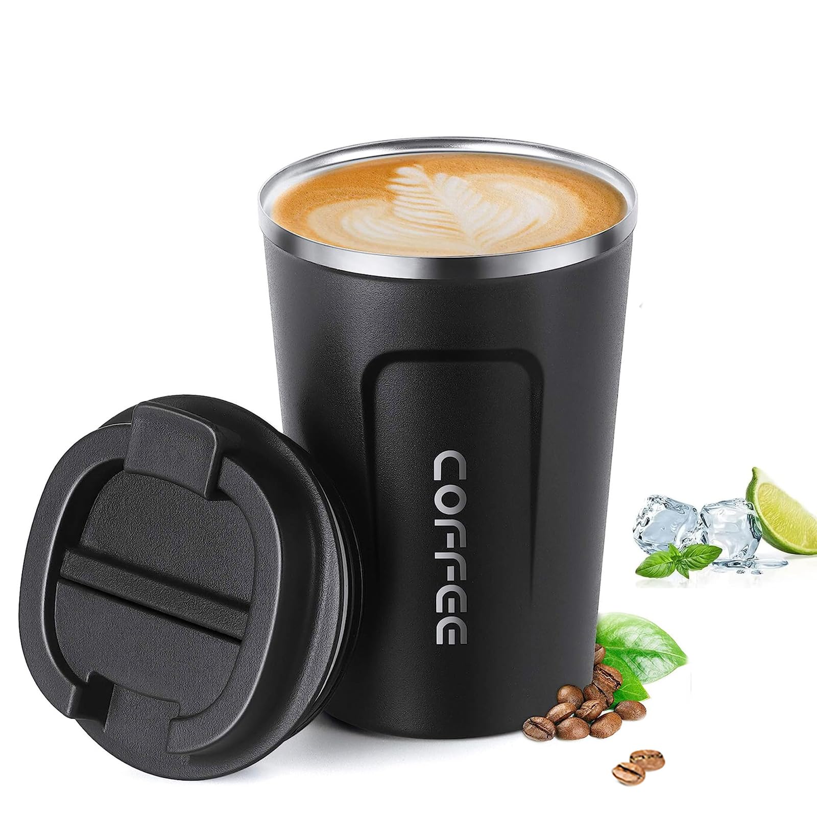 DDUP Travel Mugs, Insulated Coffee Cup with Leakproof Lid, Reusable Coffee Cups Travel,Portable Car Coffee Cup, Stainless Steel Thermal Mug for Hot and Cold Coffee Water and Tea-380ml(Black)