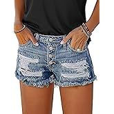 Flamingals Women's Ripped Raw Hem Button Up Mid Waist Denim Shorts