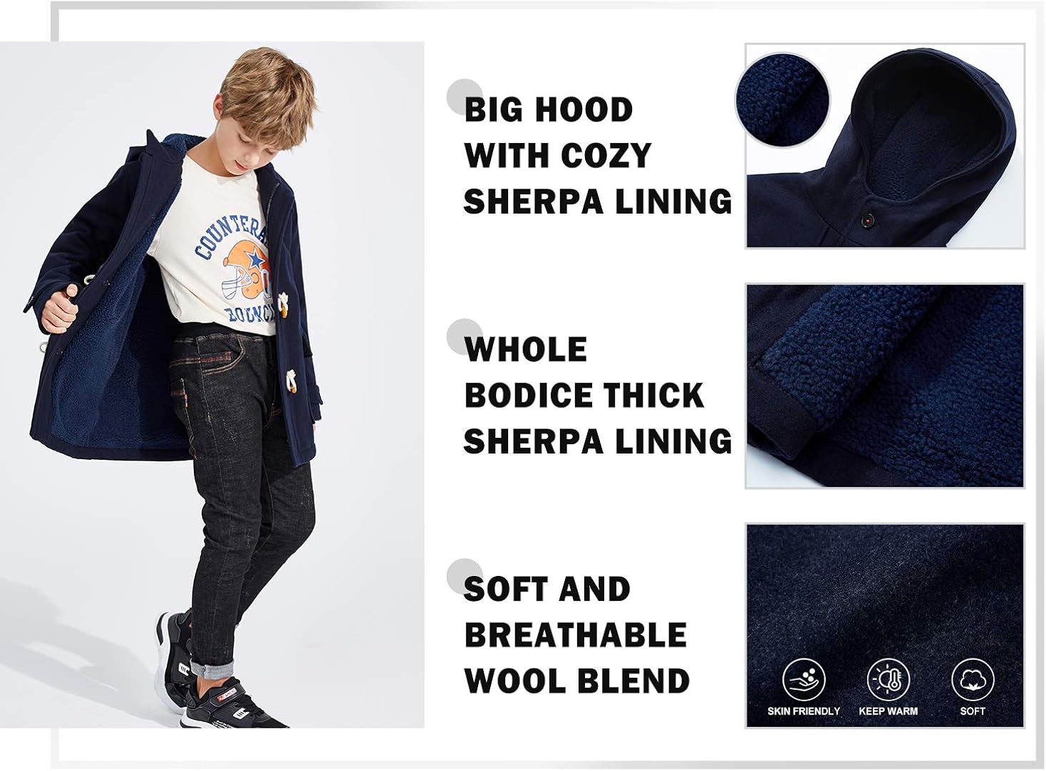maoo garden Boys Winter Wool Coat Dress Peacoat Kids Heavy Sherpa Jacket Hooded Warm Thicken Windproof Overcoats: Clothing