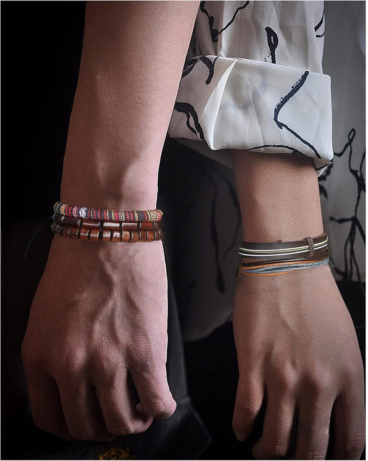 JEWPARK 36PCS Woven Leather Bracelet Set for Men Women Cool Braided Leather Wrist Cuff Bracelets Adjustable Handmade Wooden Beaded Bracelets Ethnic Tribal Linen String Bracelets: Jewelry