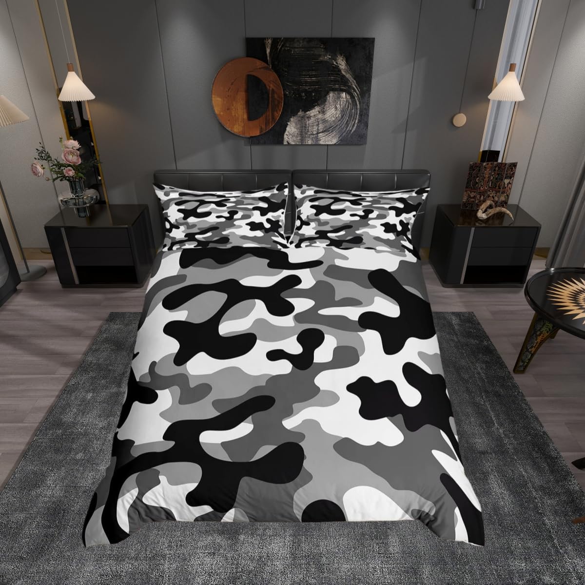 Camouflage Bedding Set S King Size,Camo Duvet Cover Set for Kid Teen Boys Girls,Grey Black White Camo Pattern Comforter Cover Decorative Room,Ocean Quilt Cover with 2 Pillowcases