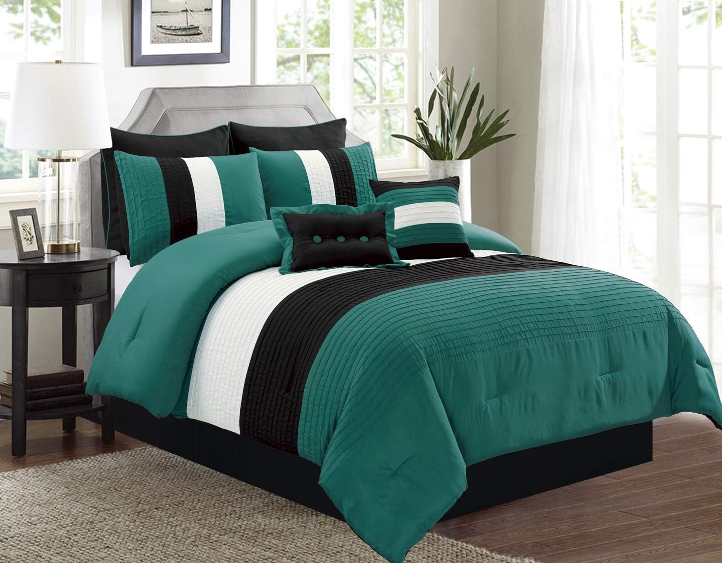 Amazon Com Grandlinen 8 Piece King Size Bedding Teal Blue Black White Pin Tuck Stripe Regatta Comforter Set Bed In A Bag Home Kitchen