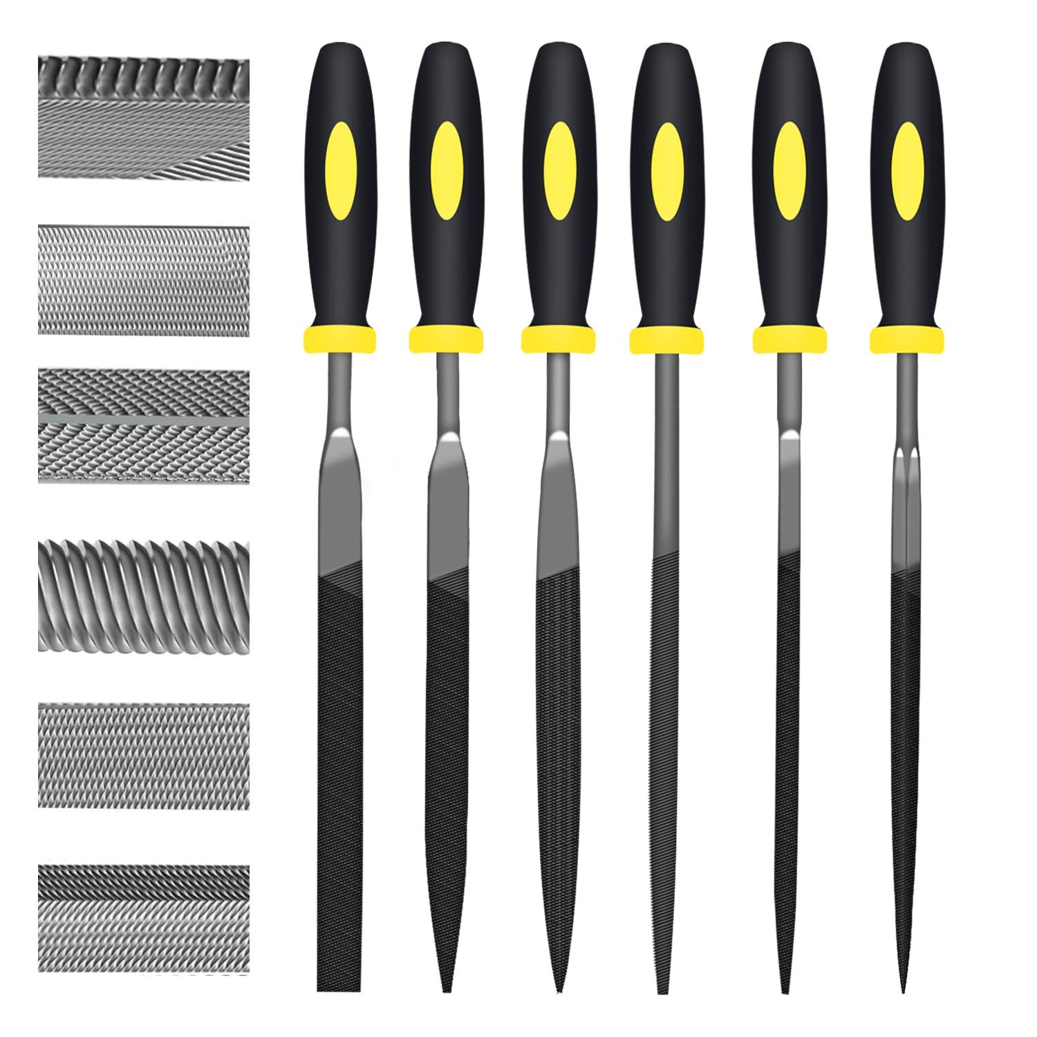 KALIM 6Pcs File Set, 6.3in Needle Files, 4mm Diameter Carbon Steel File Kit with Handle, Suitable for Metal, Wood, Glass, Plastic, Leather, Jewelry