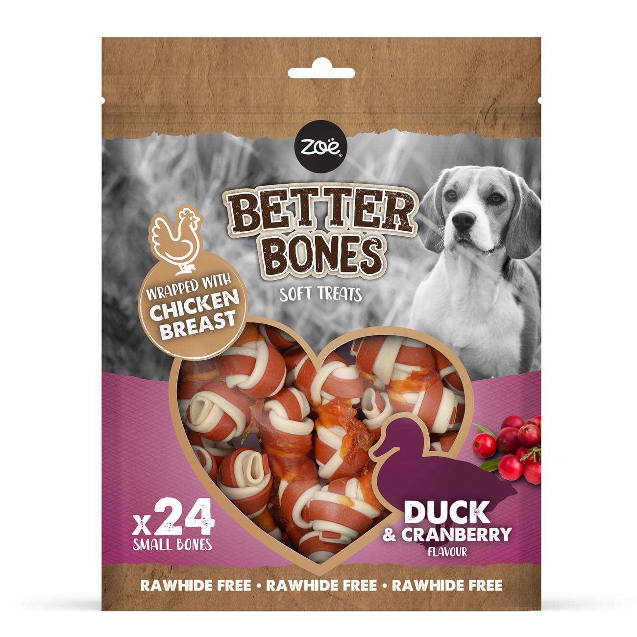 Zoë Better Bones Soft Dog Treat Chews, Pouch of Rawhide-Free, Dog Training Chews Wrapped with Chicken Breast - Duck & Cranberry Flavour, 1 Bag of 24 pcs