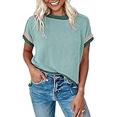 Womens Summer Tops Fashion Color Block Short Sleeve Crewneck Knit Tops Casual Cute Tunic Pullover Blouses