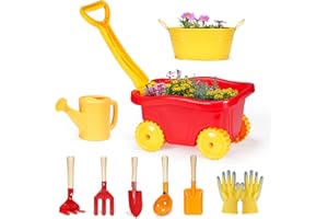 GNAYUIJ Kids Gardening Tools Set 9 pcs Wheelbarrow Set for Toddler with DIY Flowerpot,Watering Can,Shovel,Rake,Beach,Garden,Outdoor Backyard Farm Digging Play Set Toys,3-8 Year Old Boy Girl Gift