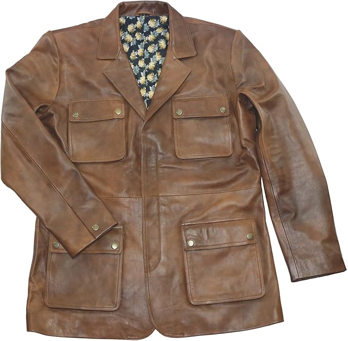 Douglas Blazer Leather Jacket for Men Military Style 4 Pocket Field