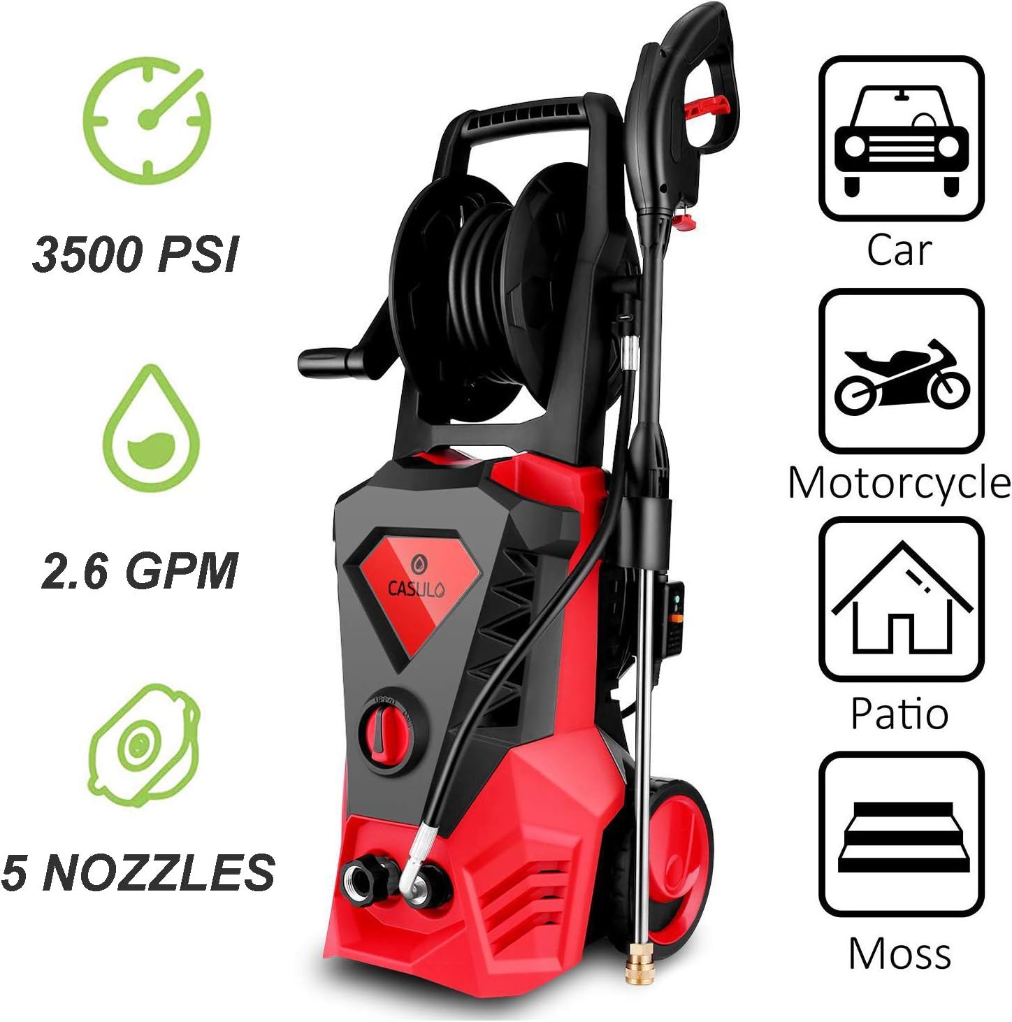Wesoky Electric Pressure Washer 3500 PSI 2.6GPM, 1800W Power Washer Machine, High Pressure Car Patio Garden Yard Cleaner with 5 Adjustable Nozzle, Spray Gun & 10m Hose Reel (US Stock)