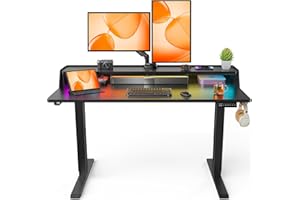 ErGear Standing Desk with LED Strip, 48″ x24″ Electric Height Adjustable RGB Gaming Desk with Shelf, Sit Stand Desk with Dual Cable Holes, C-Clamp Mount Compatible, 4 Preset Heights, Black
