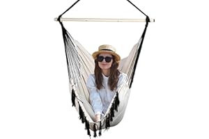 BATHONLY Hammock Chair Swing Outdoor Indoor, Macrame Hanging Chair with Pocket for Bedroom & Outside, Ivory White