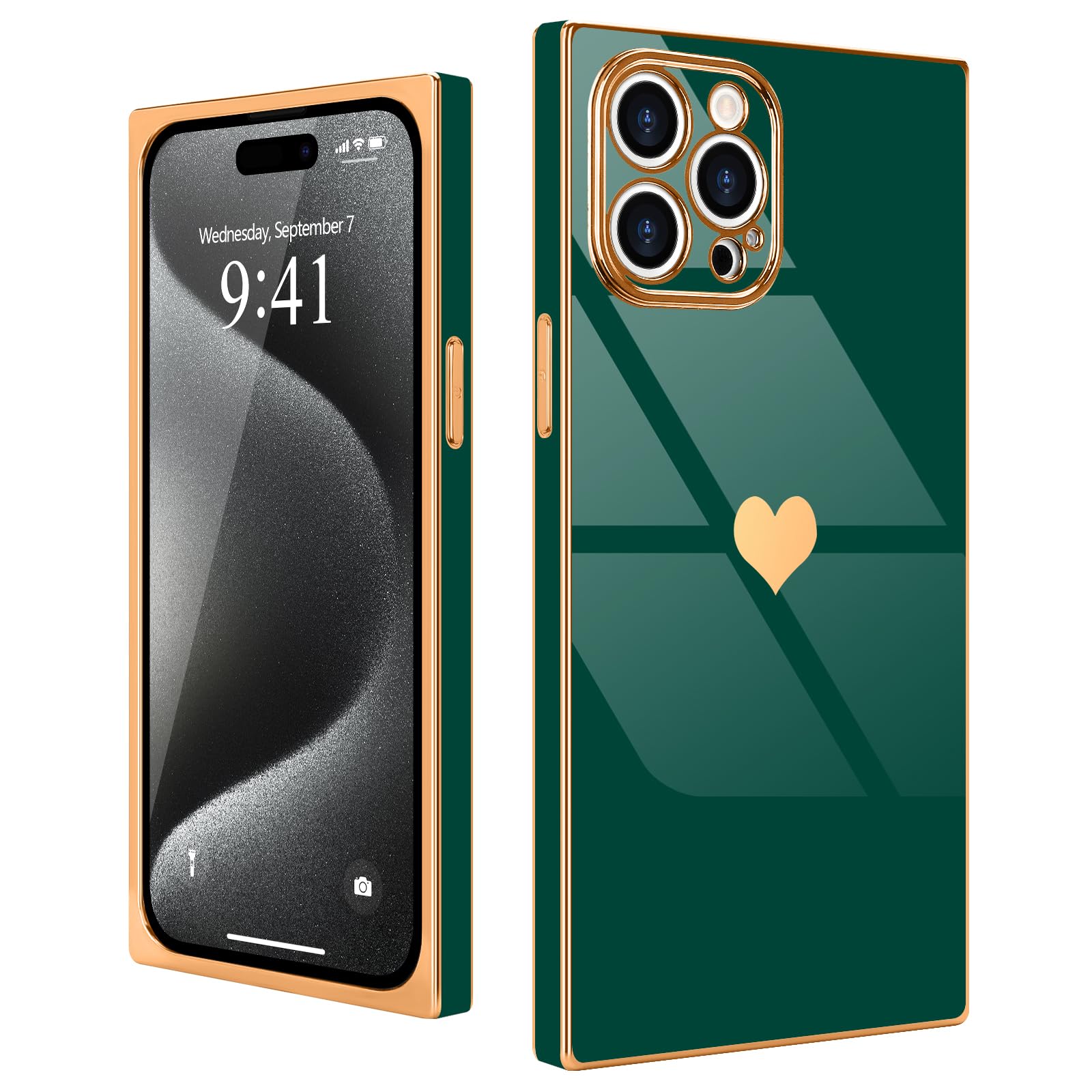 Urarssa for iPhone 15 Pro Case Cute Rectangle Heart Pattern Luxury Gold Plating Cases Women Girls Shockproof Bumper Silicone Protective Cover for iPhone 15 Pro-Green — image 1
