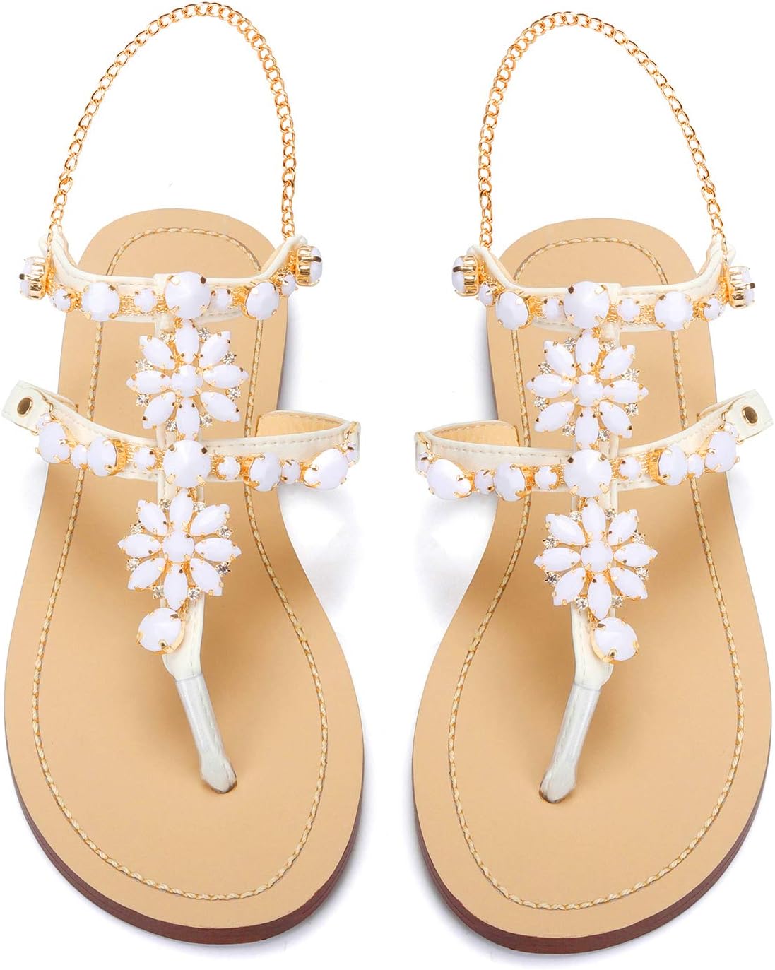 azmodo Women's PU Rhinestones Chains Flat Gladiator Sandals White 1625 (Plus