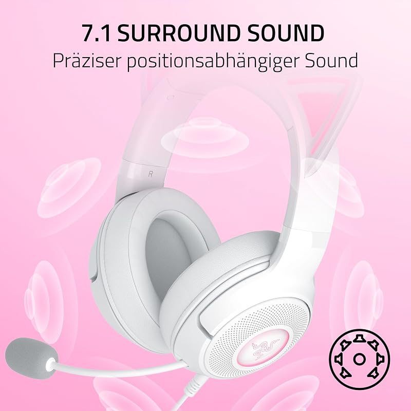 Kraken Kitty V2 - Kabelgebundenes RGB-Headset mit Kitty Ohren für Gaming und Streaming (325 g, Triforce 40 mm Treiber, HyperClear Cardioid Mic, Surround Sound) Weiß