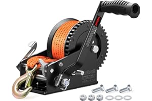 Kolvoii 3500 lbs Boat Trailer Winch with Strap, Heavy Duty Hand Winch, 2-Way Ratchet 4:1/8:1 Gear Ratio for Boat, Trailer, Ma