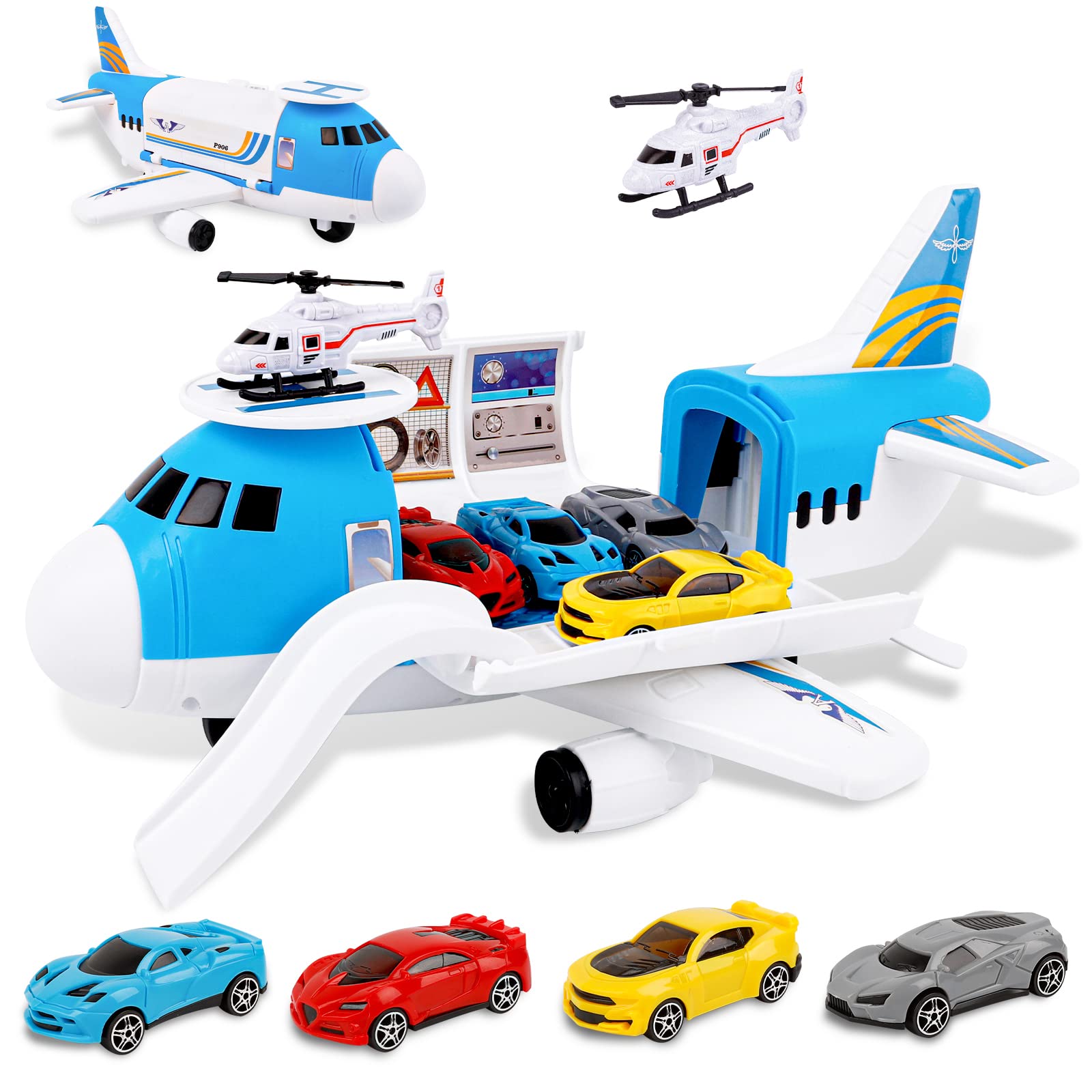 m zimoon Transport Cargo Airplane Toy with Cars, Kids Toys Plane Playset with 4 Vehicles & Helicopter, DIY Friction Powered Educational Toy Gifts for Boys & Girls Age 3-6
