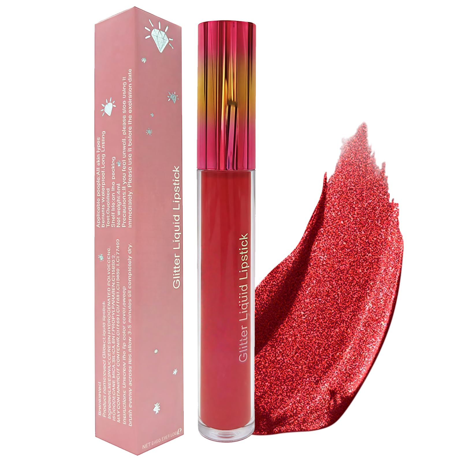 Red Glitter Lipstick Lip Gloss, Metallic Diamond Shimmer Sparkly Long Lasting Matte Lipgloss Liquid Lipstick, Non-stick Cup Waterproof High Pigmented Lip Stain Lipgloss for Women Girls Makeup