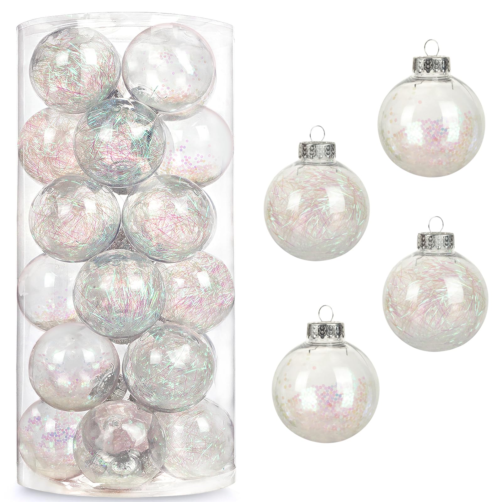 AMS 2.36"/24ct Shatterproof Clear Plastic Christmas Ball Ornaments Decorative Xmas Baubles Set with Stuffed Delicate Decorations for Wedding,Thanksgiving,Party(60mm, Iridescent)