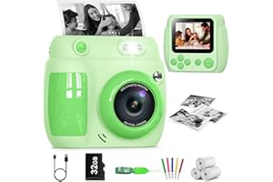 GOFUNLY Kids Camera Instant Print, Birthday Gifts for Girls Boys with 3 Rolls Print Paper & 32GB Card, 48MP Toddler Digital Camera 1080P HD Video Toys Cameras for Kids 3-12, Green