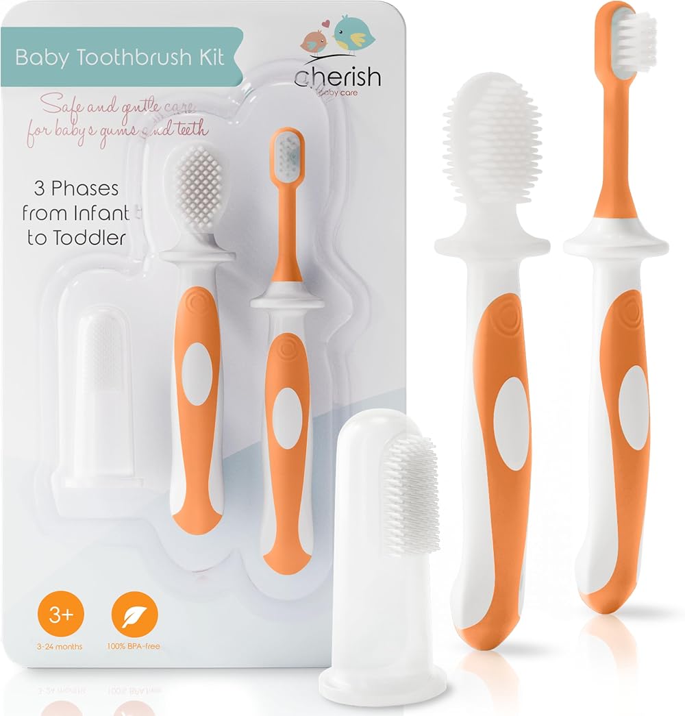 Cherish Baby Care Baby Toothbrush 0-2 Years Silicone 3-Pack Orange