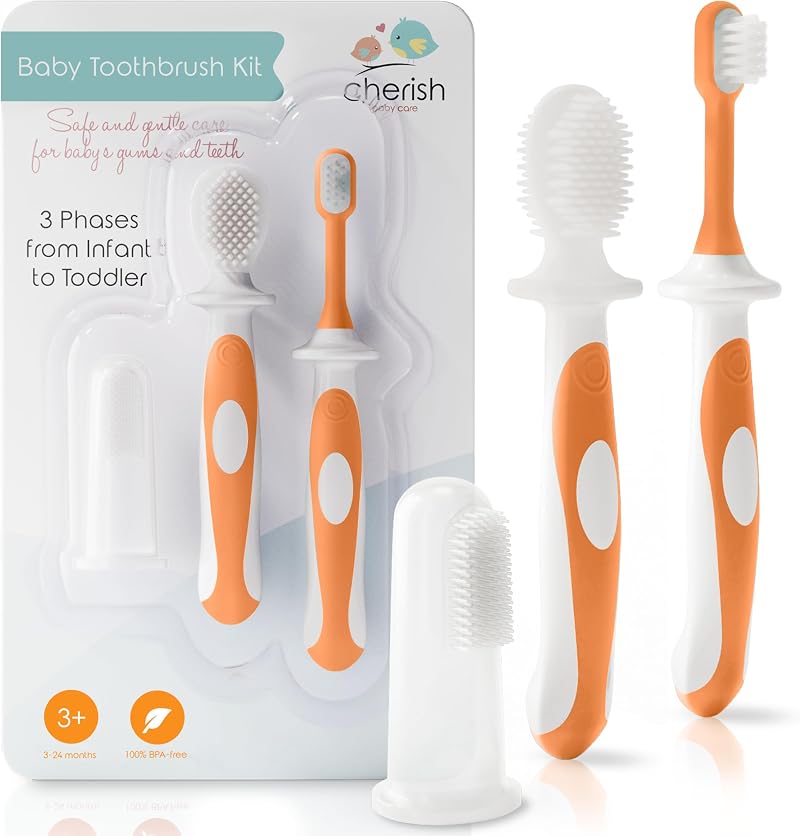 Cherish Baby Care Baby Toothbrush 0-2 Years Silicone 3-Pack Orange