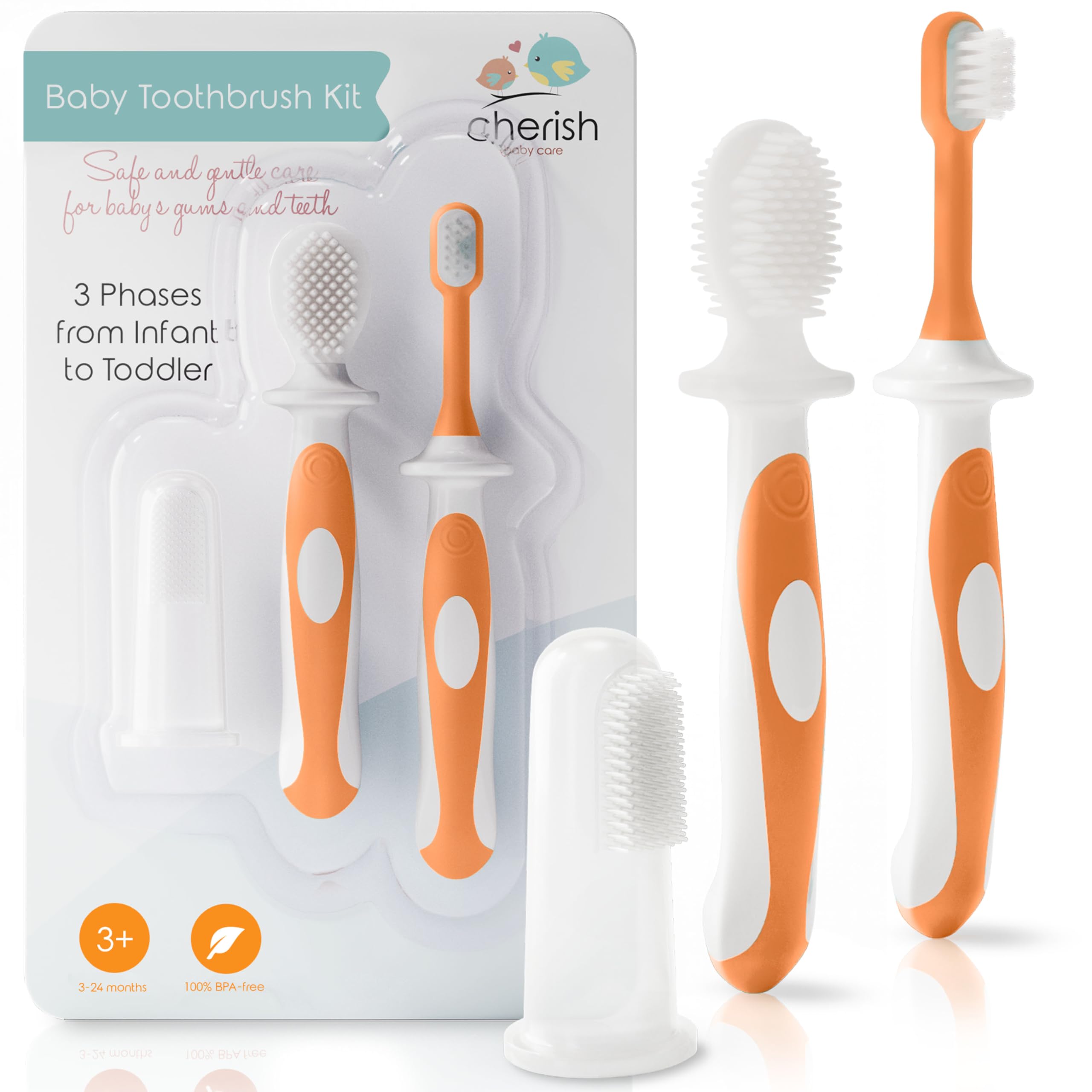 Cherish Baby Care Baby Toothbrush 0-2 Years - BPA-Free & Safety-Tested Newborn to Toddler Toothbrush Set, 2023 Award Winner, Food-Grade Silicone (Orange)